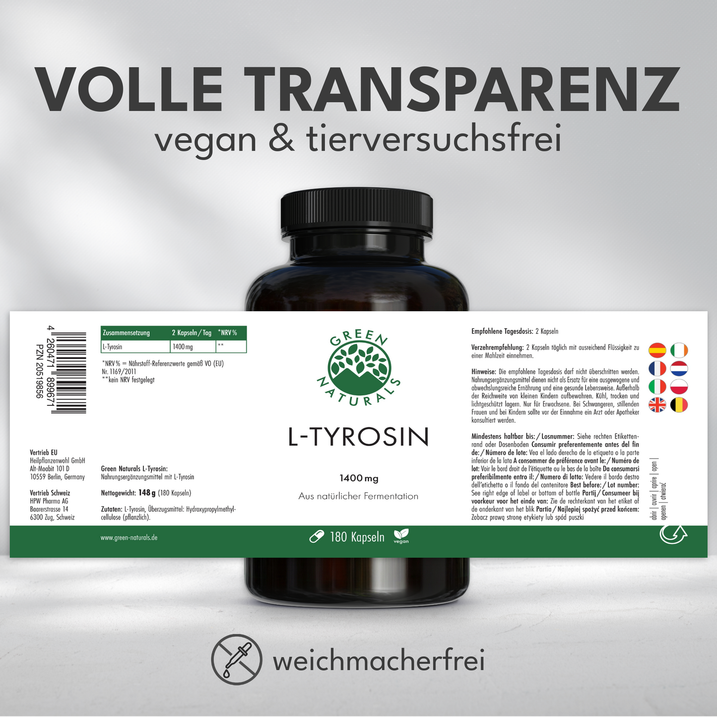 L-Tyrosin Kapseln • 700 mg • Hochreine Aminosäure